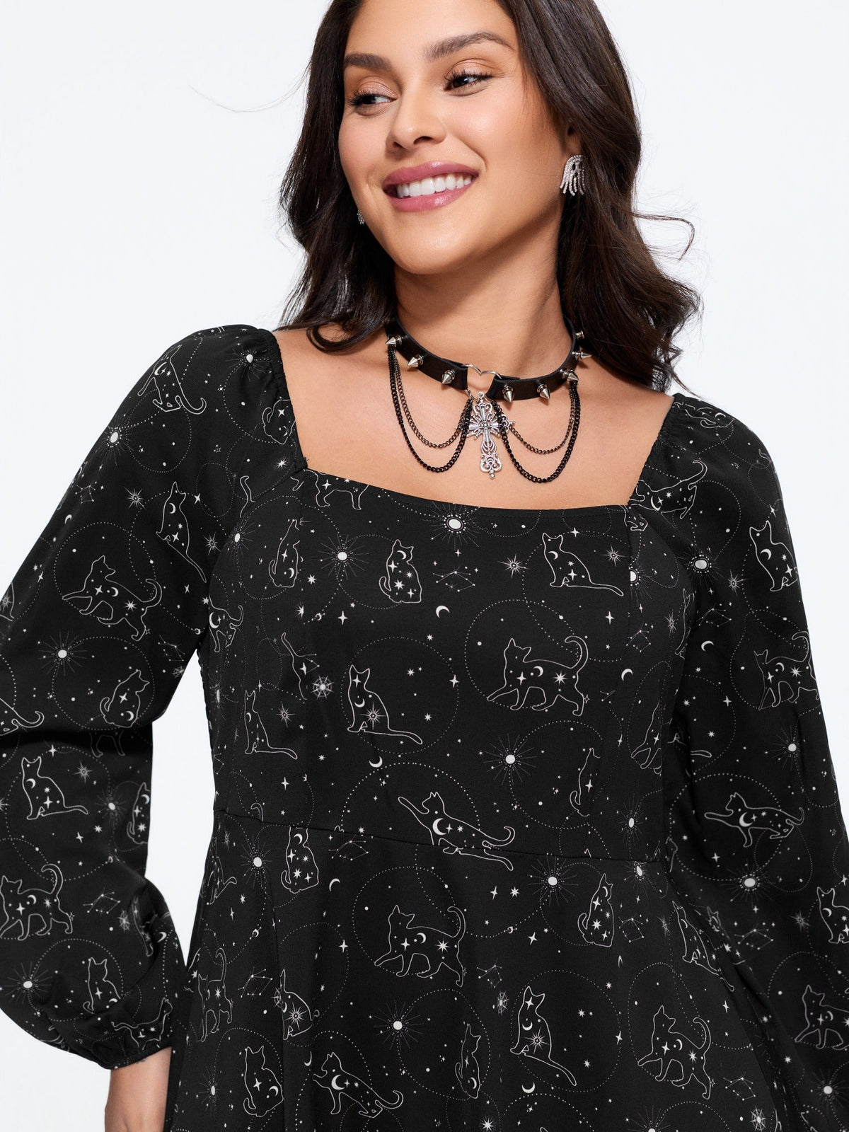 Cat Moon Star Print Pocket Mini Dress