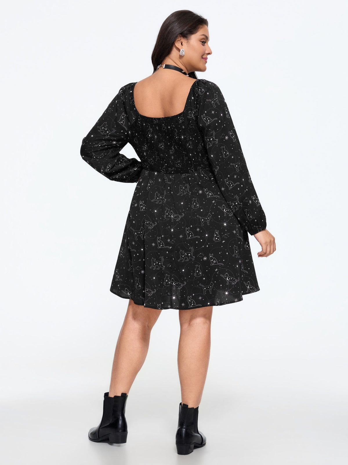 Cat Moon Star Print Pocket Mini Dress