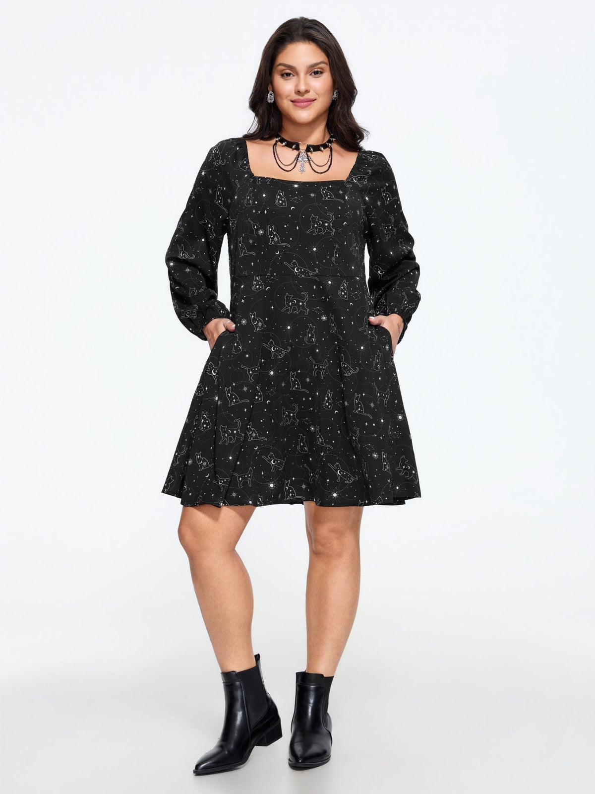 Cat Moon Star Print Pocket Mini Dress
