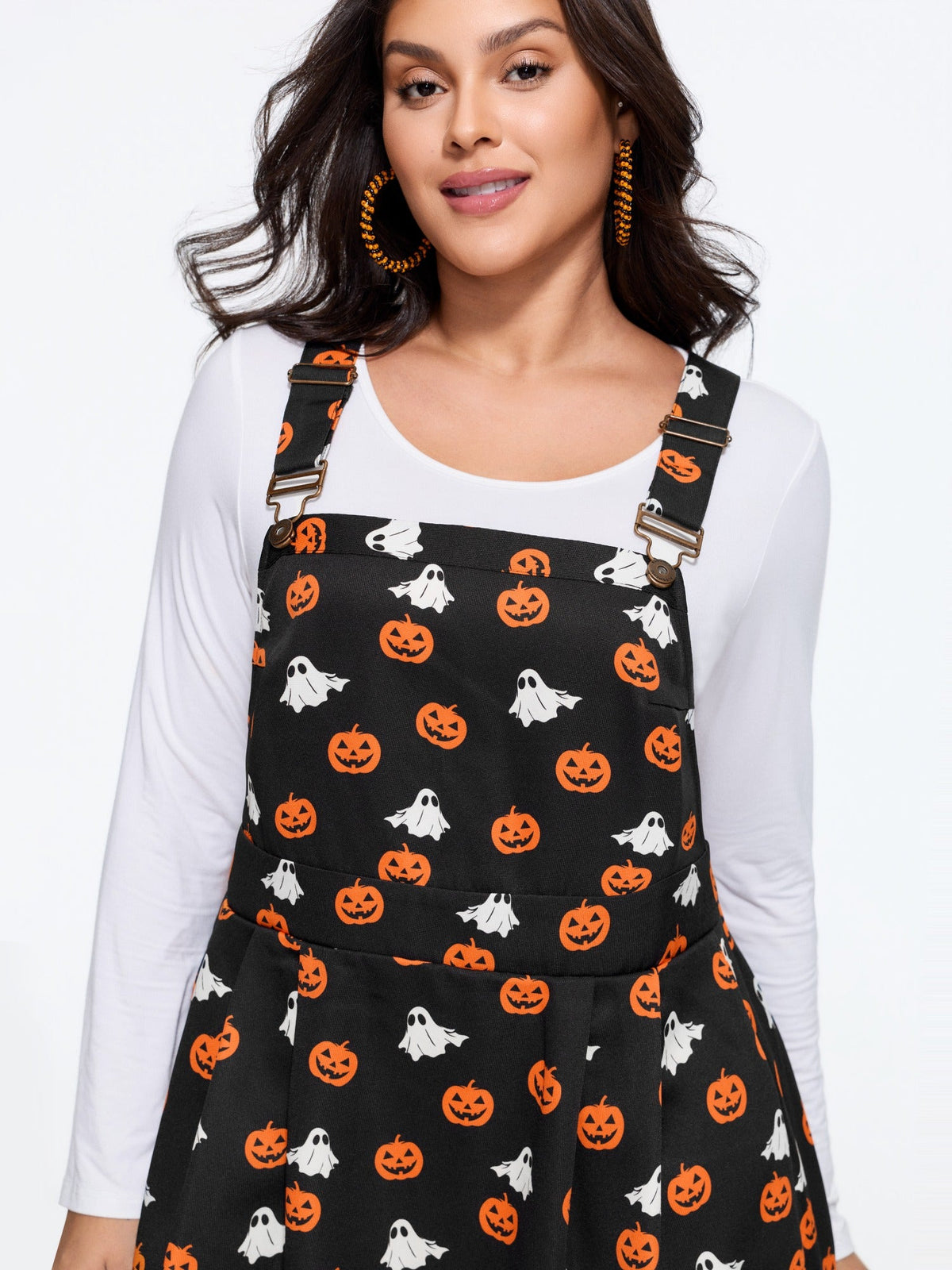Ghost Pumpkin Print Adjustable Strap Overall Mini Dress