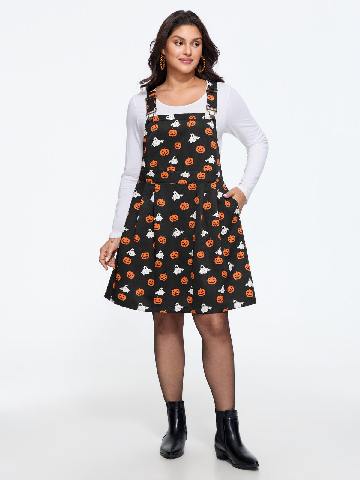 Ghost Pumpkin Print Adjustable Strap Overall Mini Dress