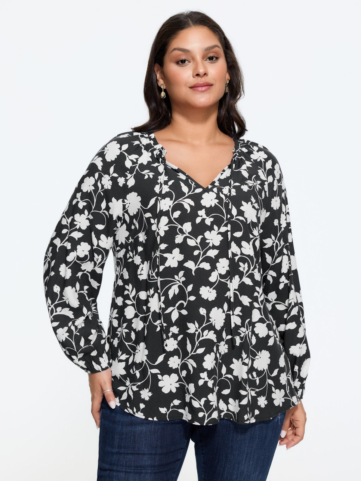 Floral Print Tie Neck Loose Blouse