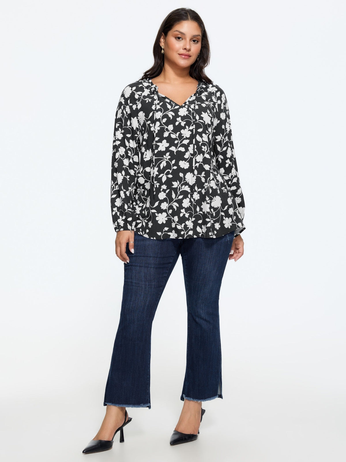 Floral Print Tie Neck Loose Blouse