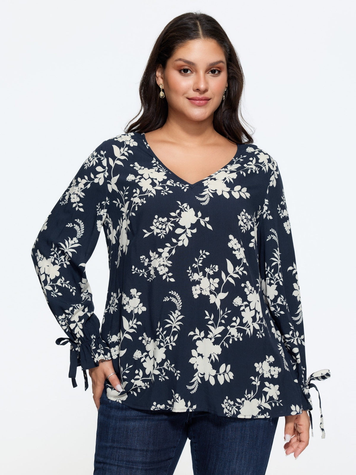 Floral Print Tie Cuff Detail Blouse