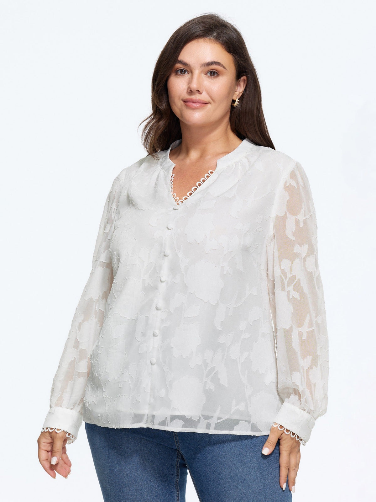 Textured Floral Jacquard Sheer Chiffon Blouse