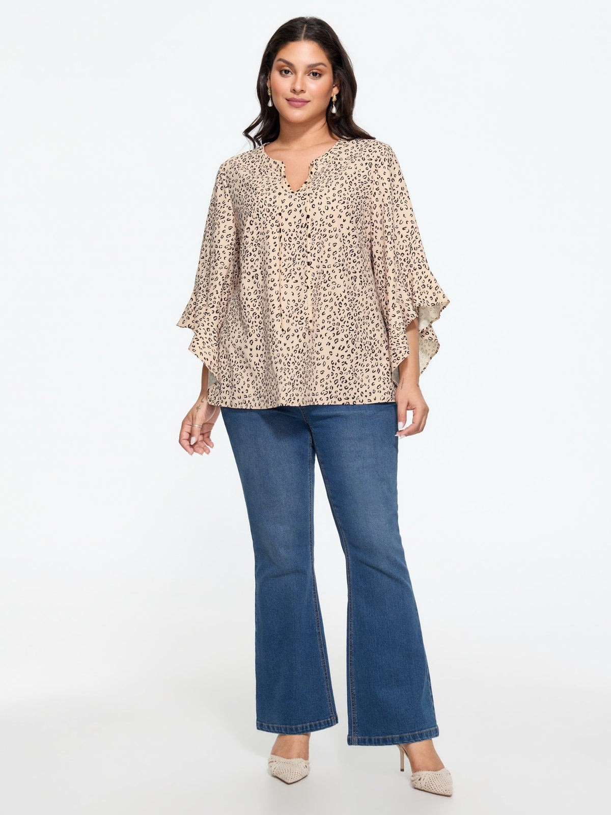 Leopard Print Flared Sleeve Loose Chiffon Blouse