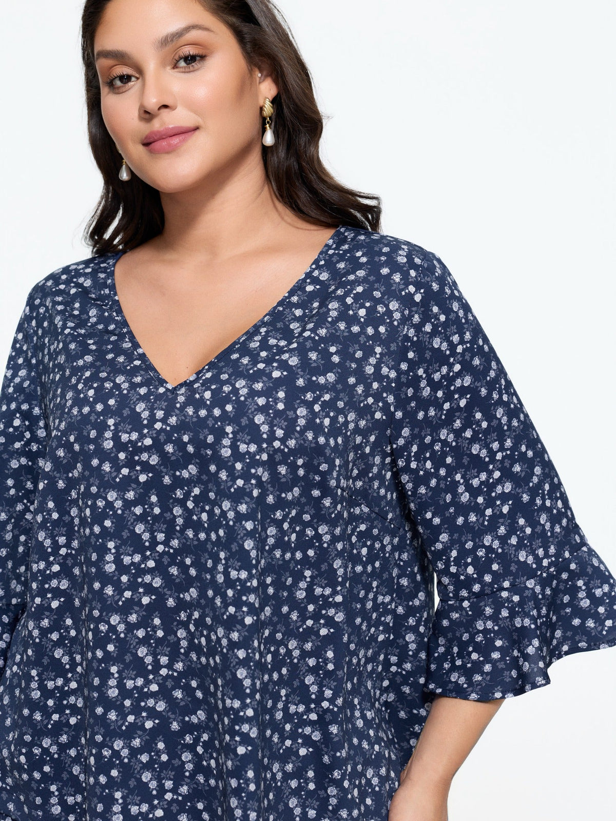 Ditsy Floral Print Asymmetrical Layered Hem Tunic Blouse