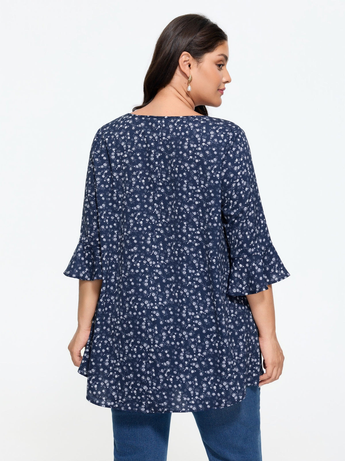Ditsy Floral Print Asymmetrical Layered Hem Tunic Blouse