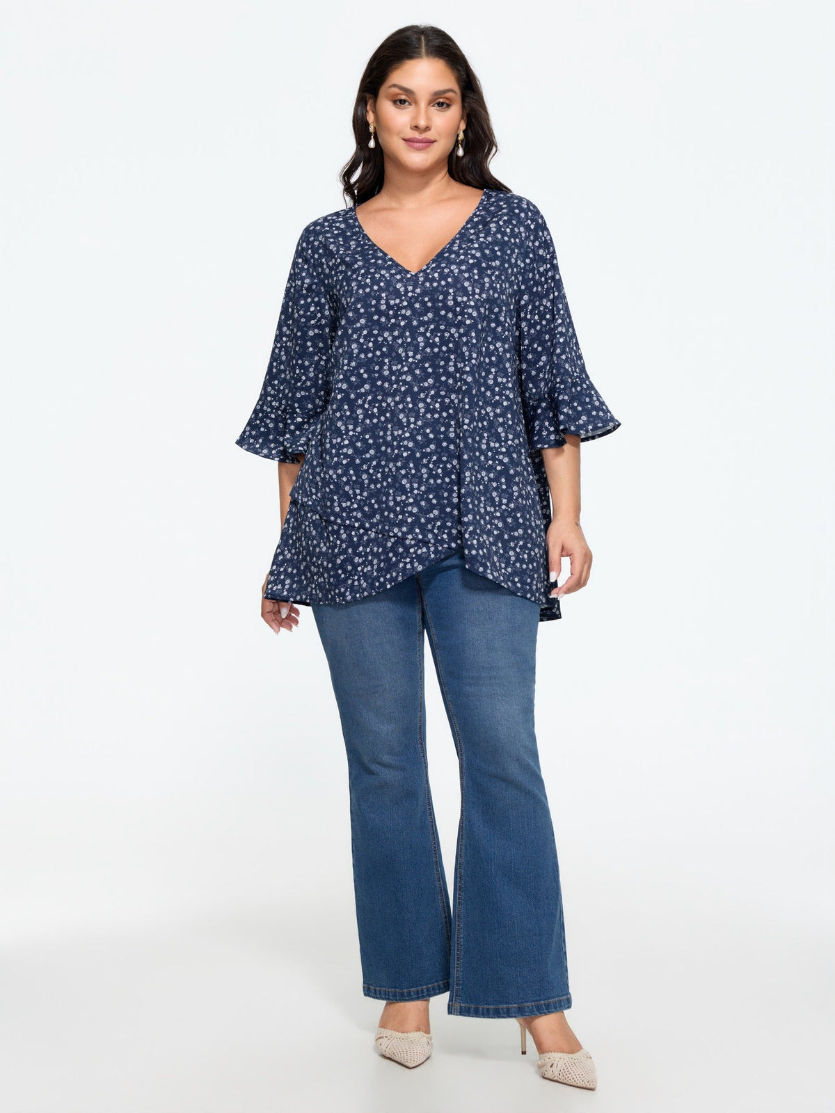 Ditsy Floral Print Asymmetrical Layered Hem Tunic Blouse