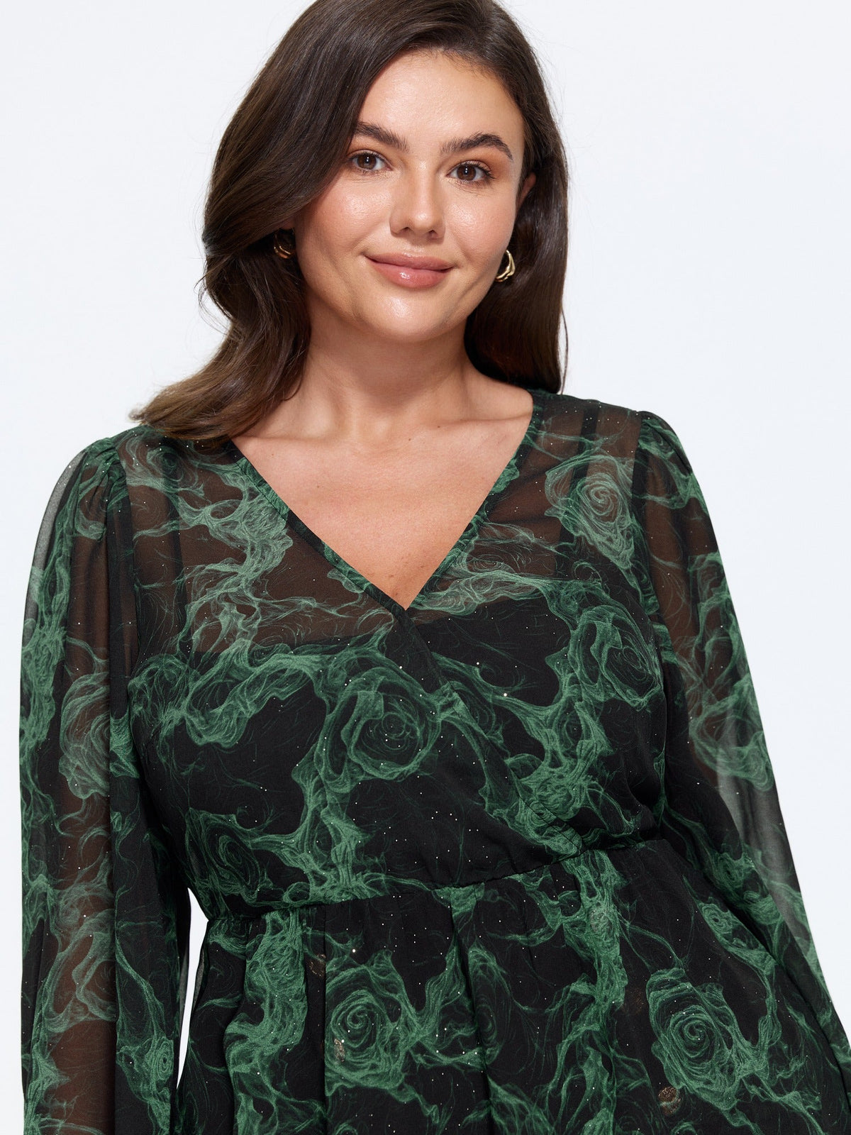 V‑Neck Swirl Print Sheer Blouse