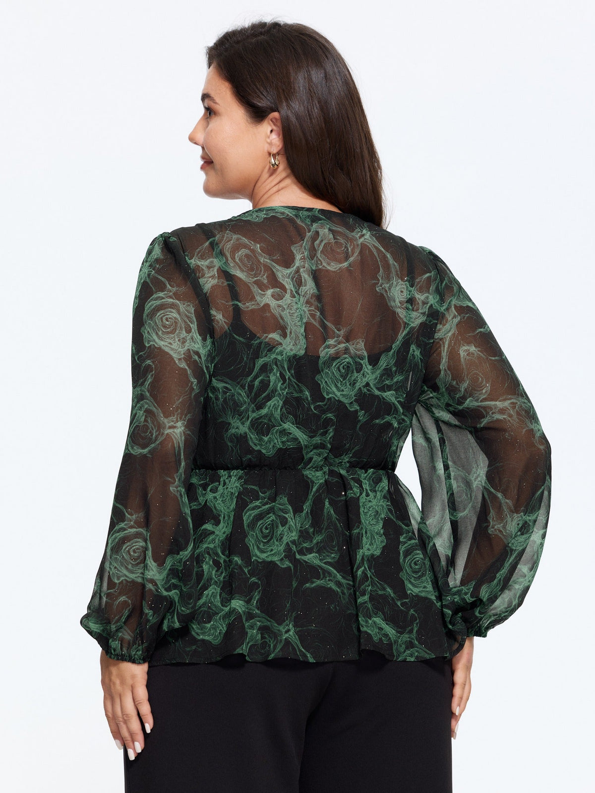 V‑Neck Swirl Print Sheer Blouse