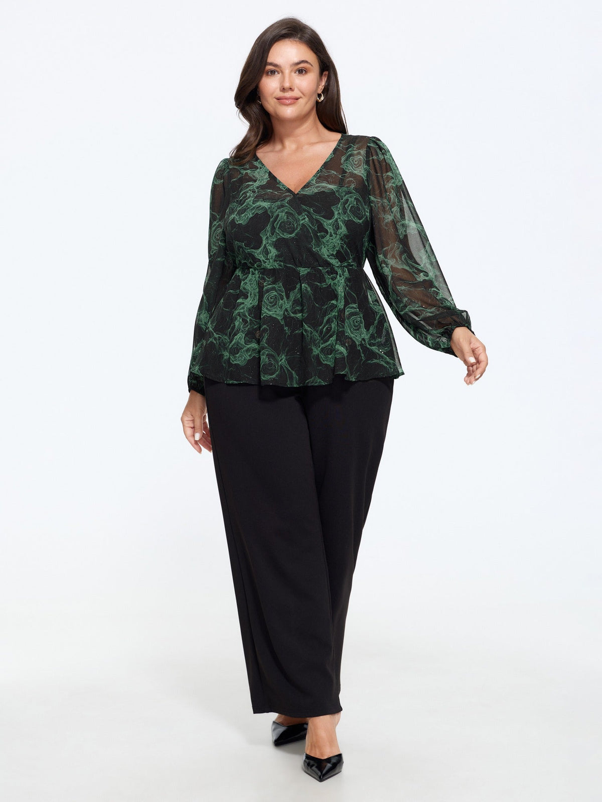 V‑Neck Swirl Print Sheer Blouse