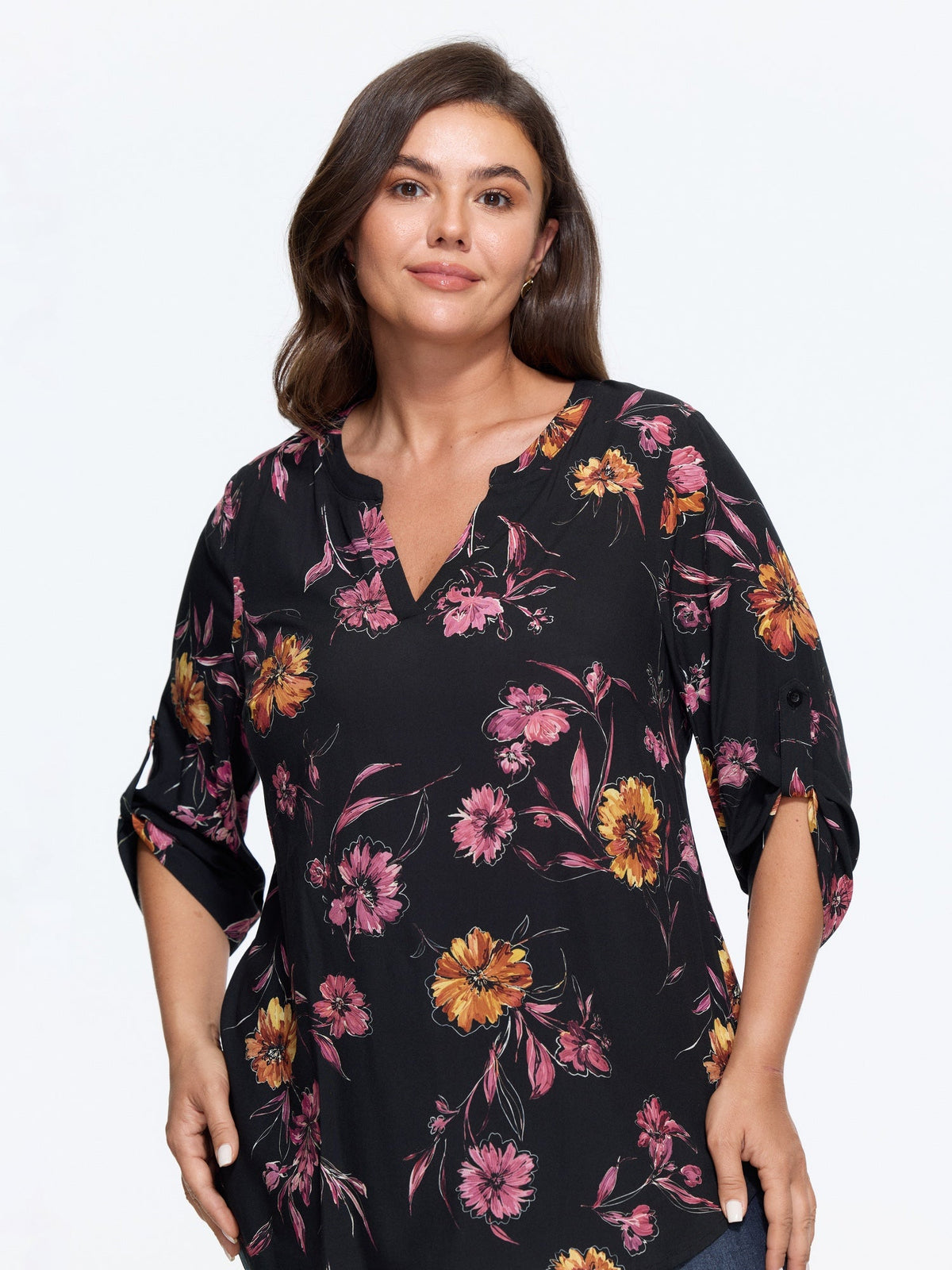 Vintage Floral Print Roll Tab Sleeve Blouse