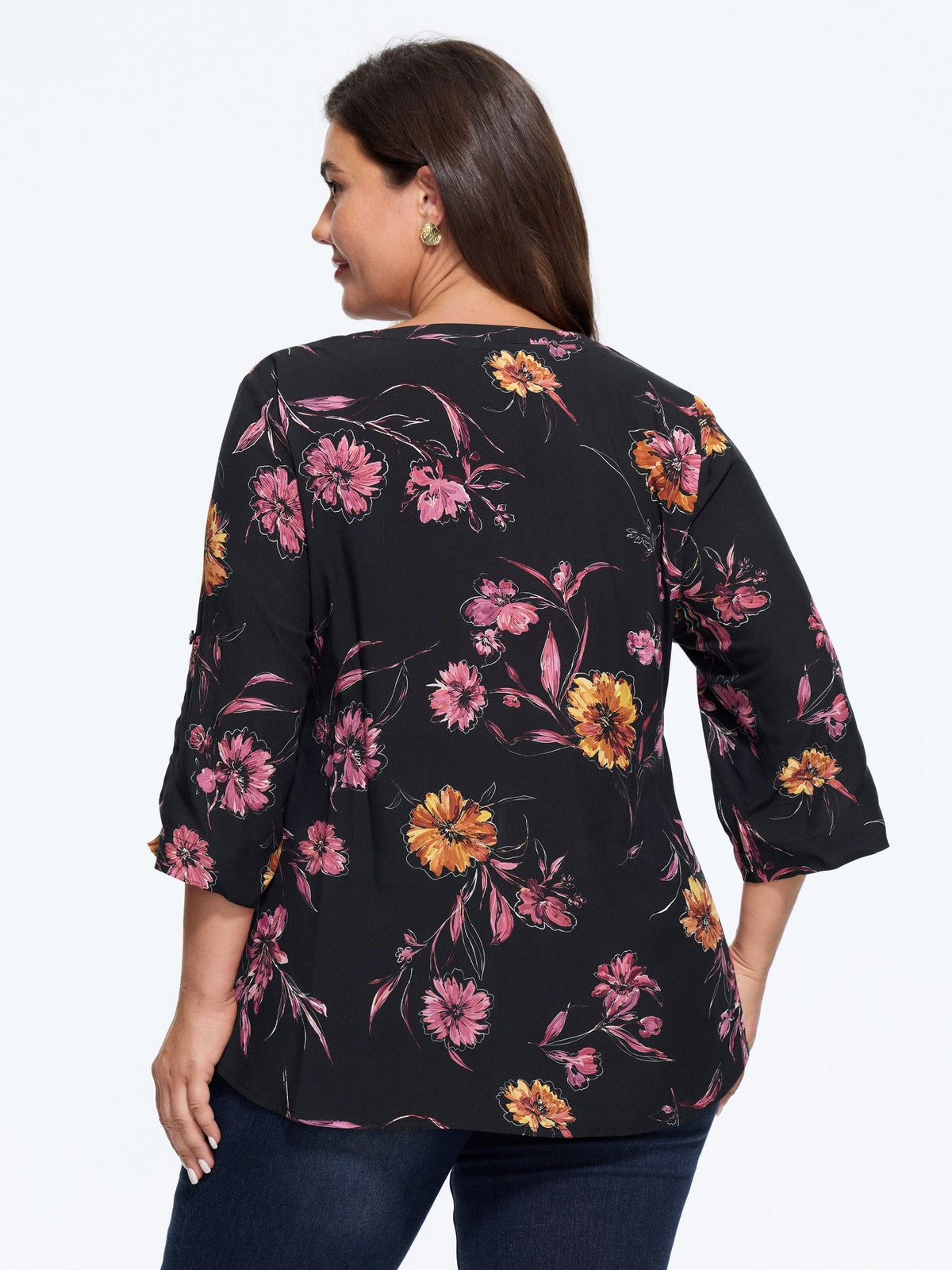Vintage Floral Print Roll Tab Sleeve Blouse