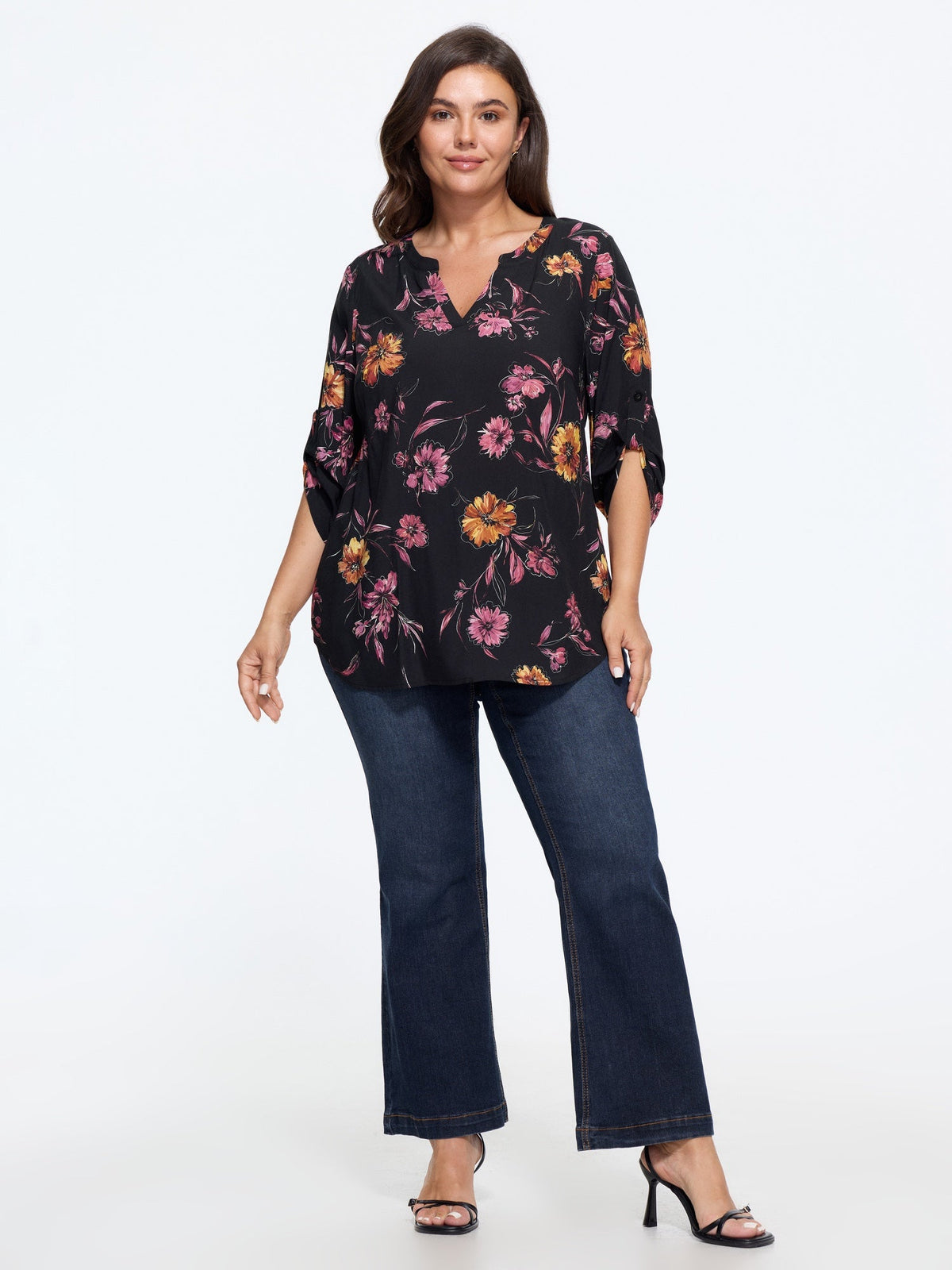 Vintage Floral Print Roll Tab Sleeve Blouse
