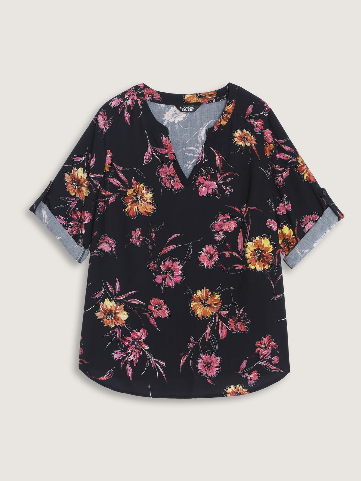 Vintage Floral Print Roll Tab Sleeve Blouse