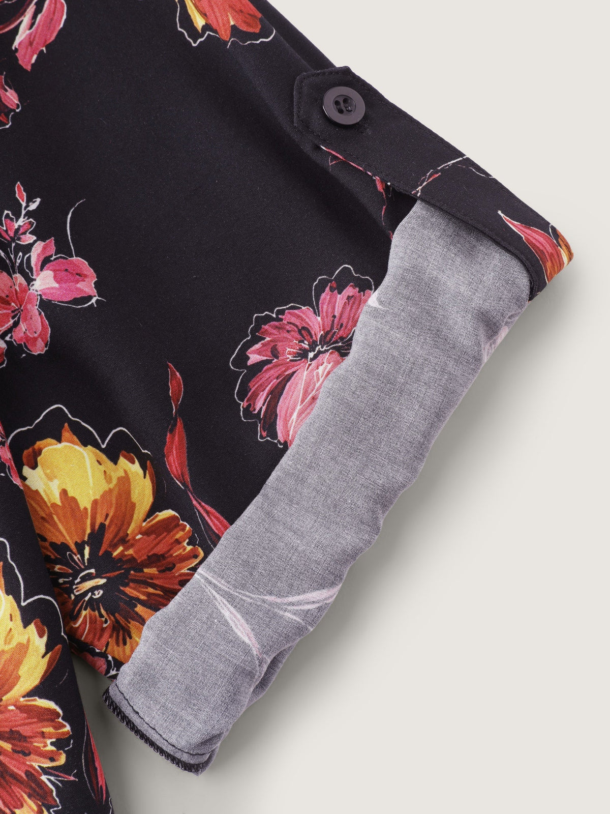 Vintage Floral Print Roll Tab Sleeve Blouse