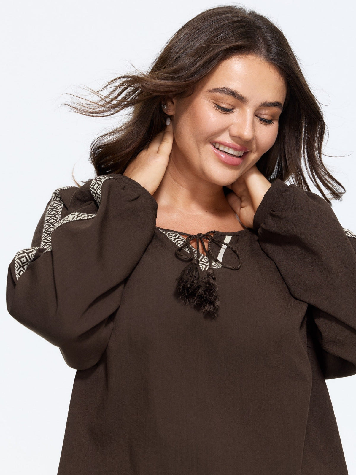 Geometric Tape Tassel Tie Blouse