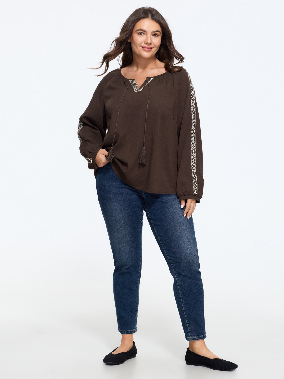 Geometric Tape Tassel Tie Blouse