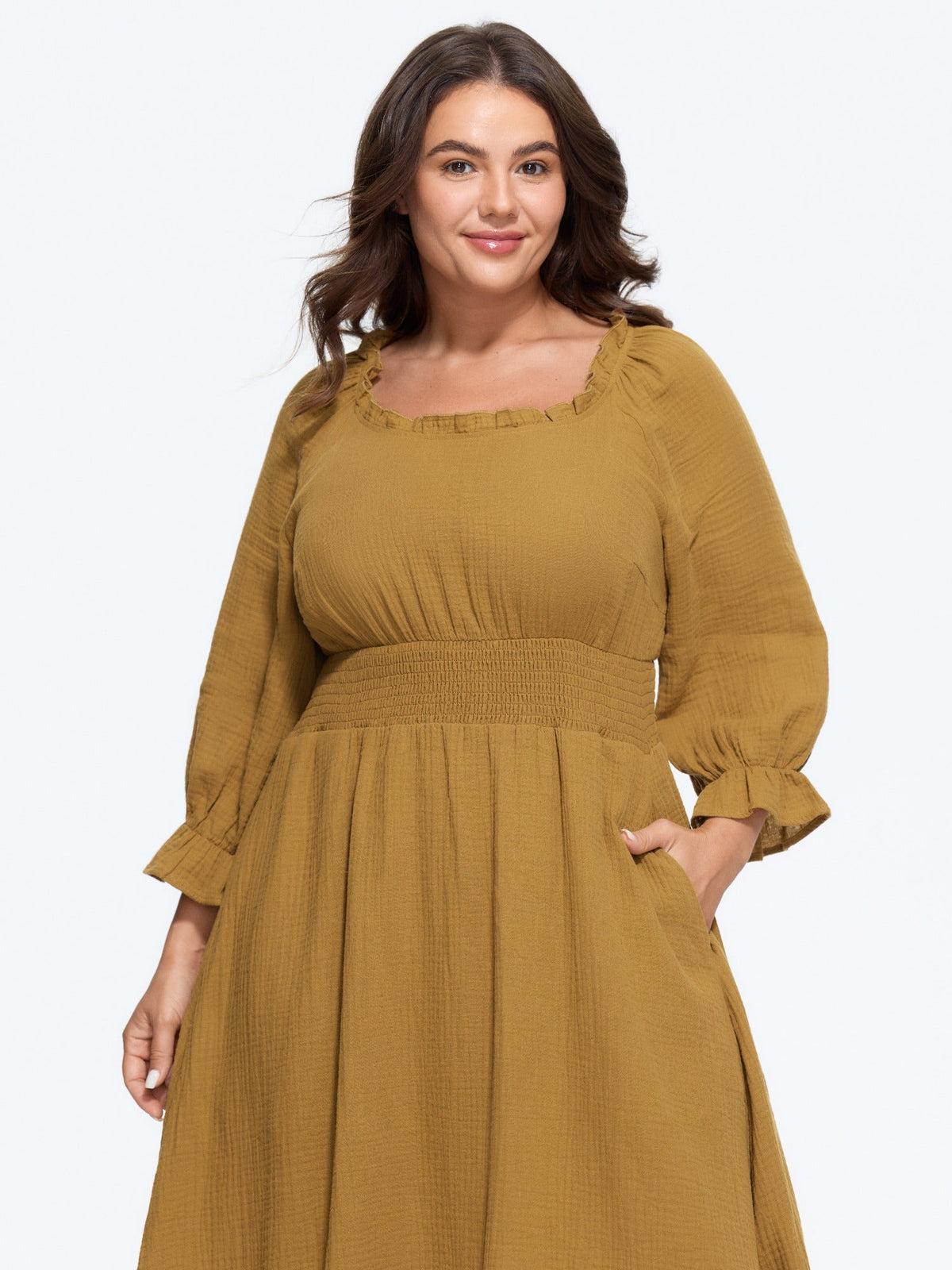 Cotton Textured Shirred Waist Ruffle Midi Dress
