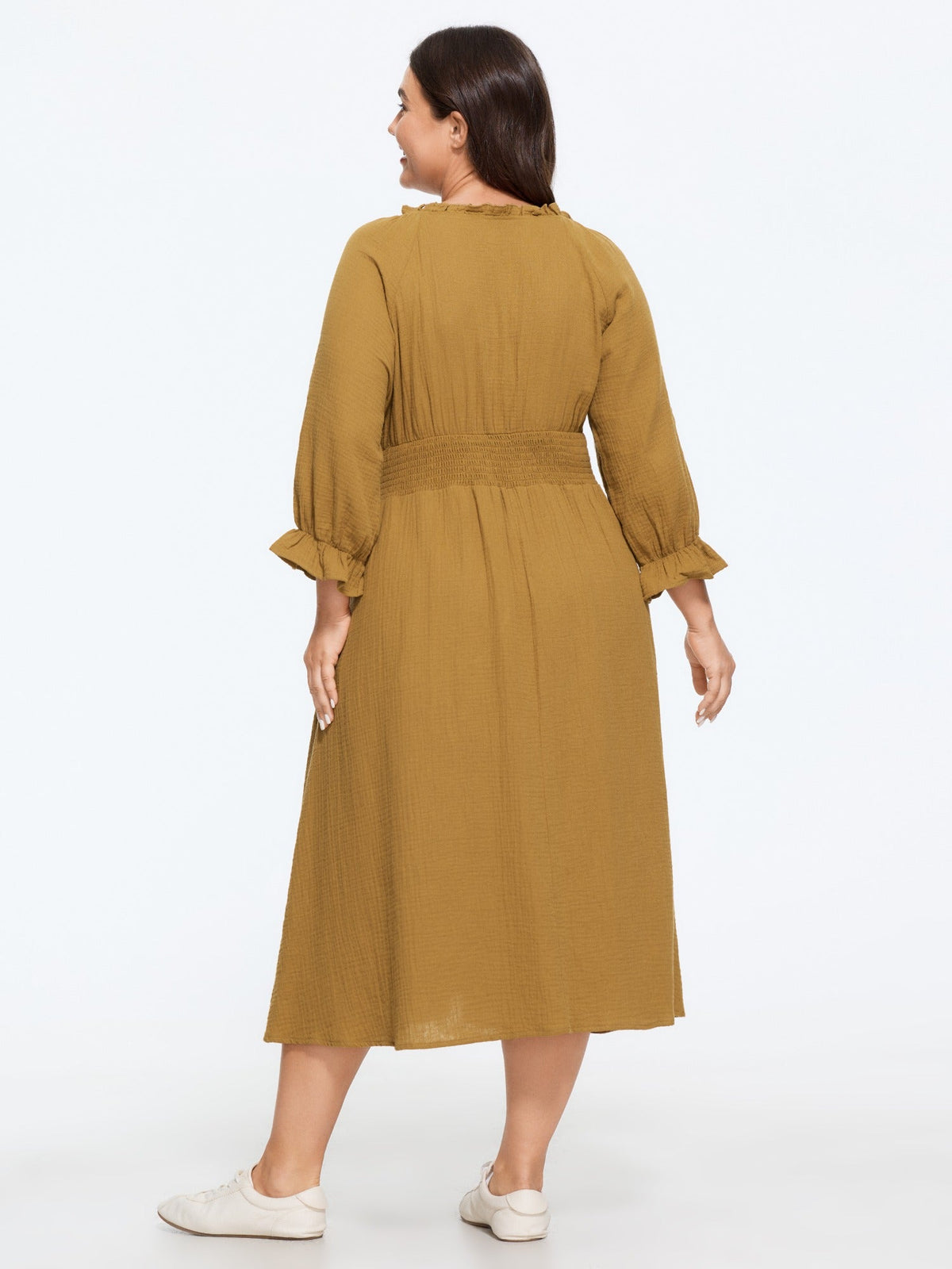 Cotton Textured Shirred Waist Ruffle Midi Dress