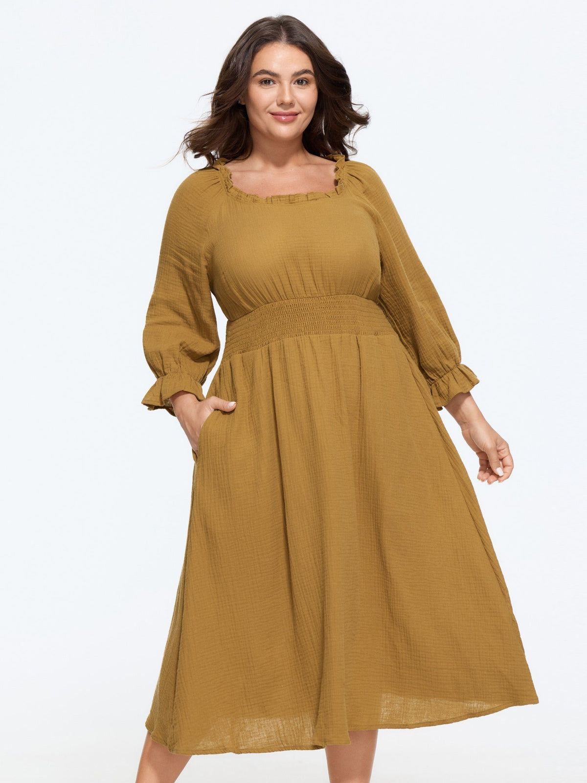 Cotton Textured Shirred Waist Ruffle Midi Dress