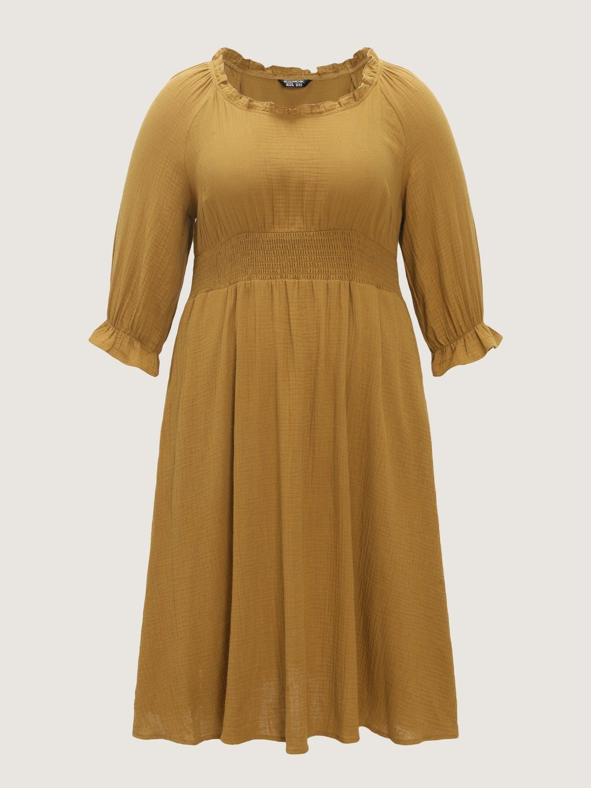 Cotton Textured Shirred Waist Ruffle Midi Dress