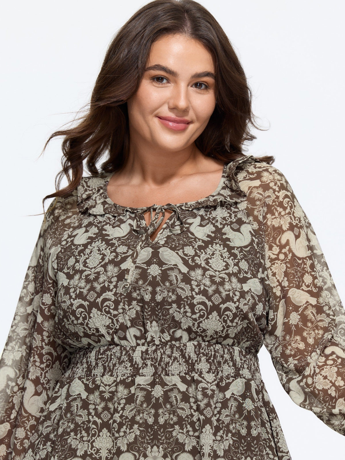 Woodland Creature Print Shirred Waist Chiffon Mini Dress