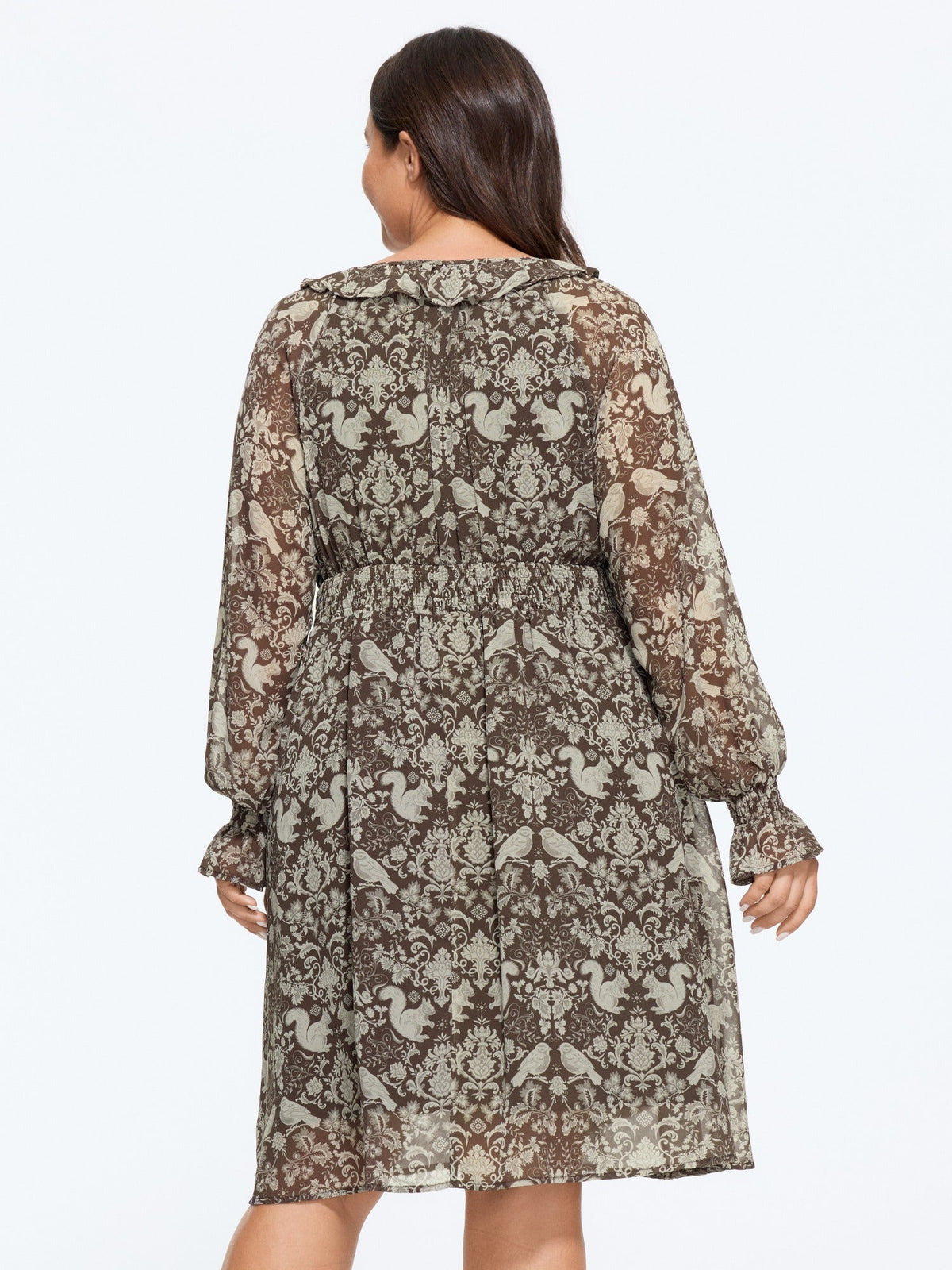 Woodland Creature Print Shirred Waist Chiffon Mini Dress