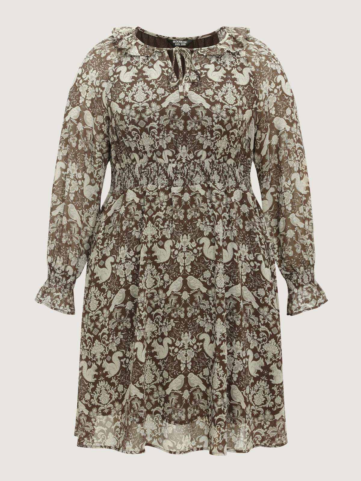 Woodland Creature Print Shirred Waist Chiffon Mini Dress