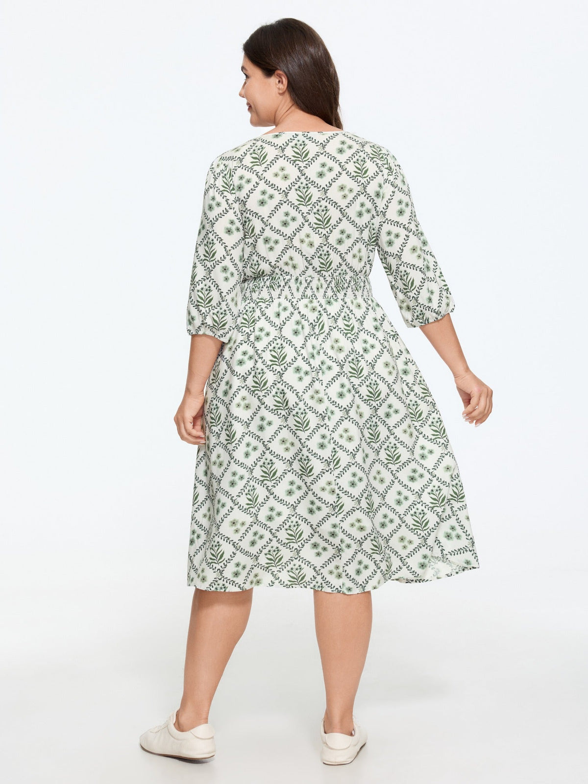 Supersoft Floral Print Tie Neck Shirred Waist Midi Dress