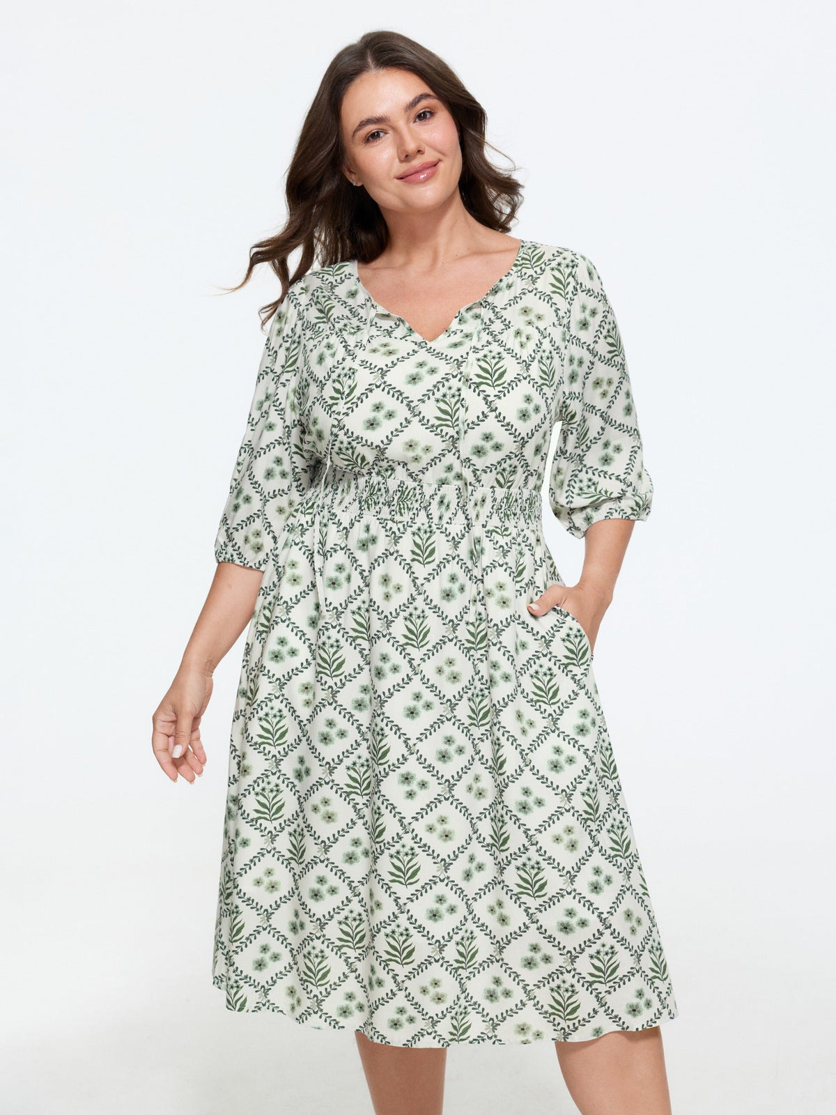 Supersoft Floral Print Tie Neck Shirred Waist Midi Dress