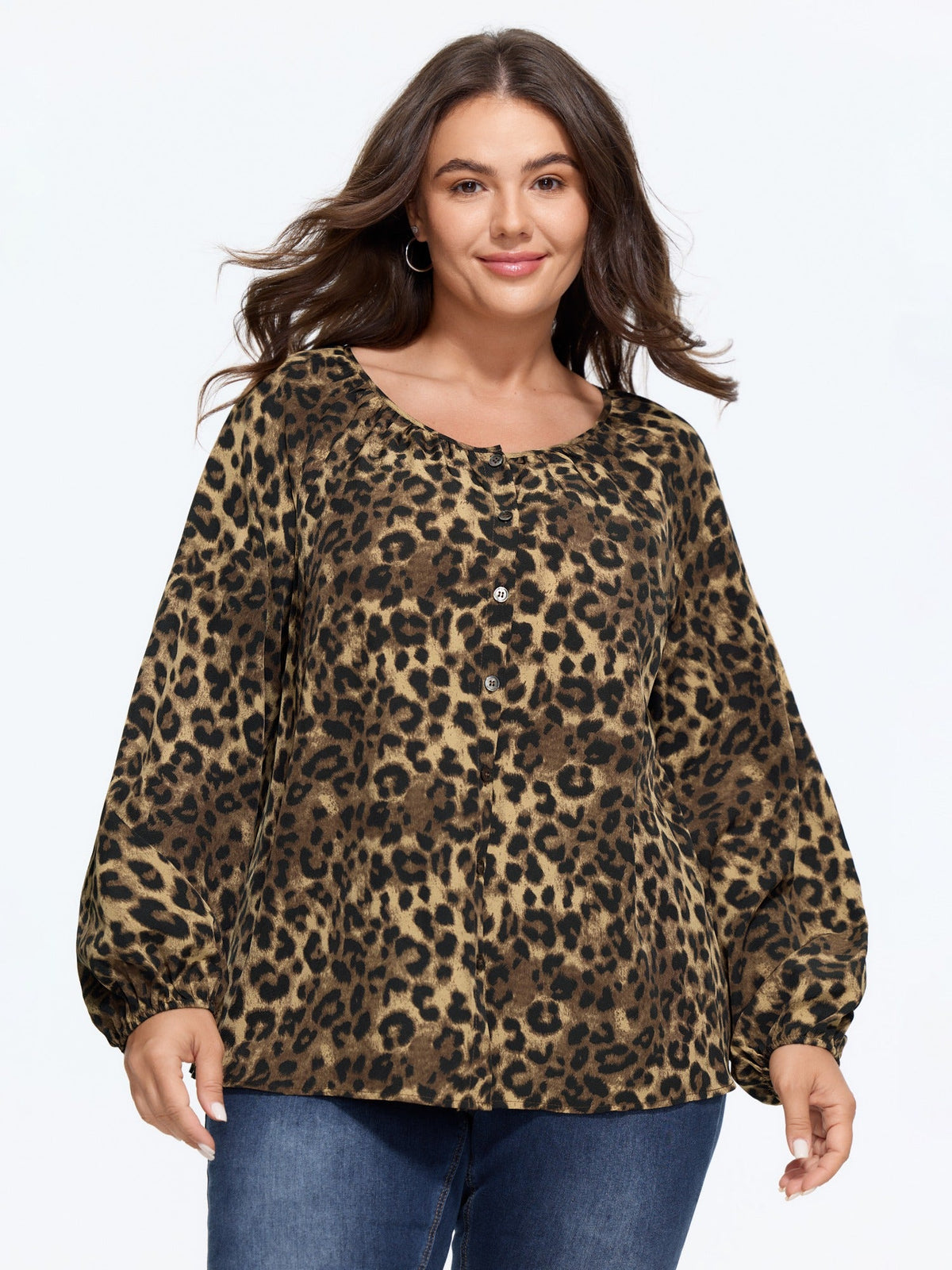 Leopard Print Round Neck Button‑Front Blouse