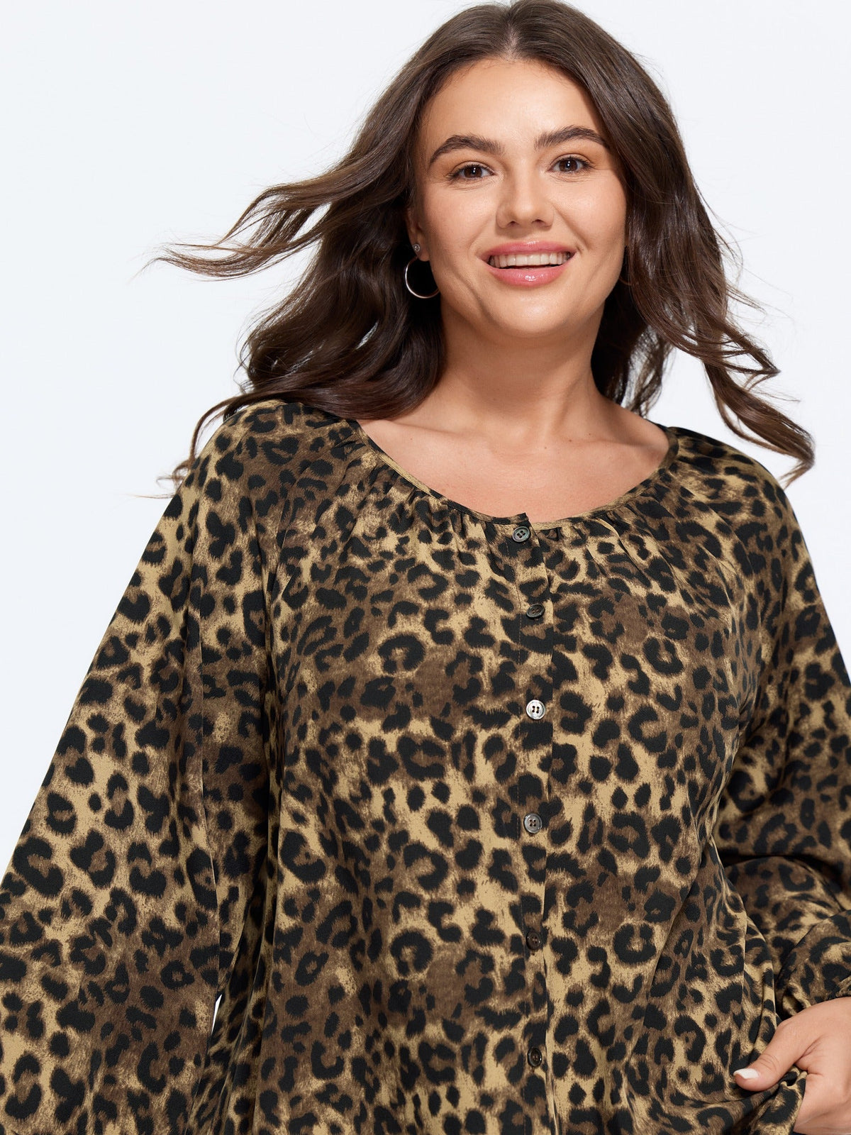 Leopard Print Round Neck Button‑Front Blouse