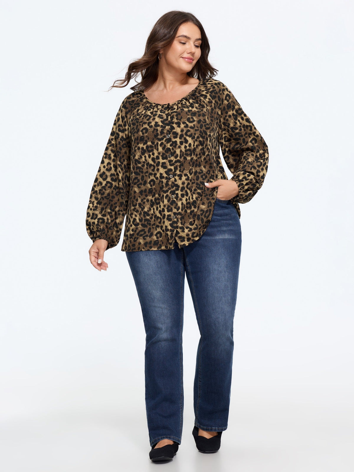 Leopard Print Round Neck Button‑Front Blouse