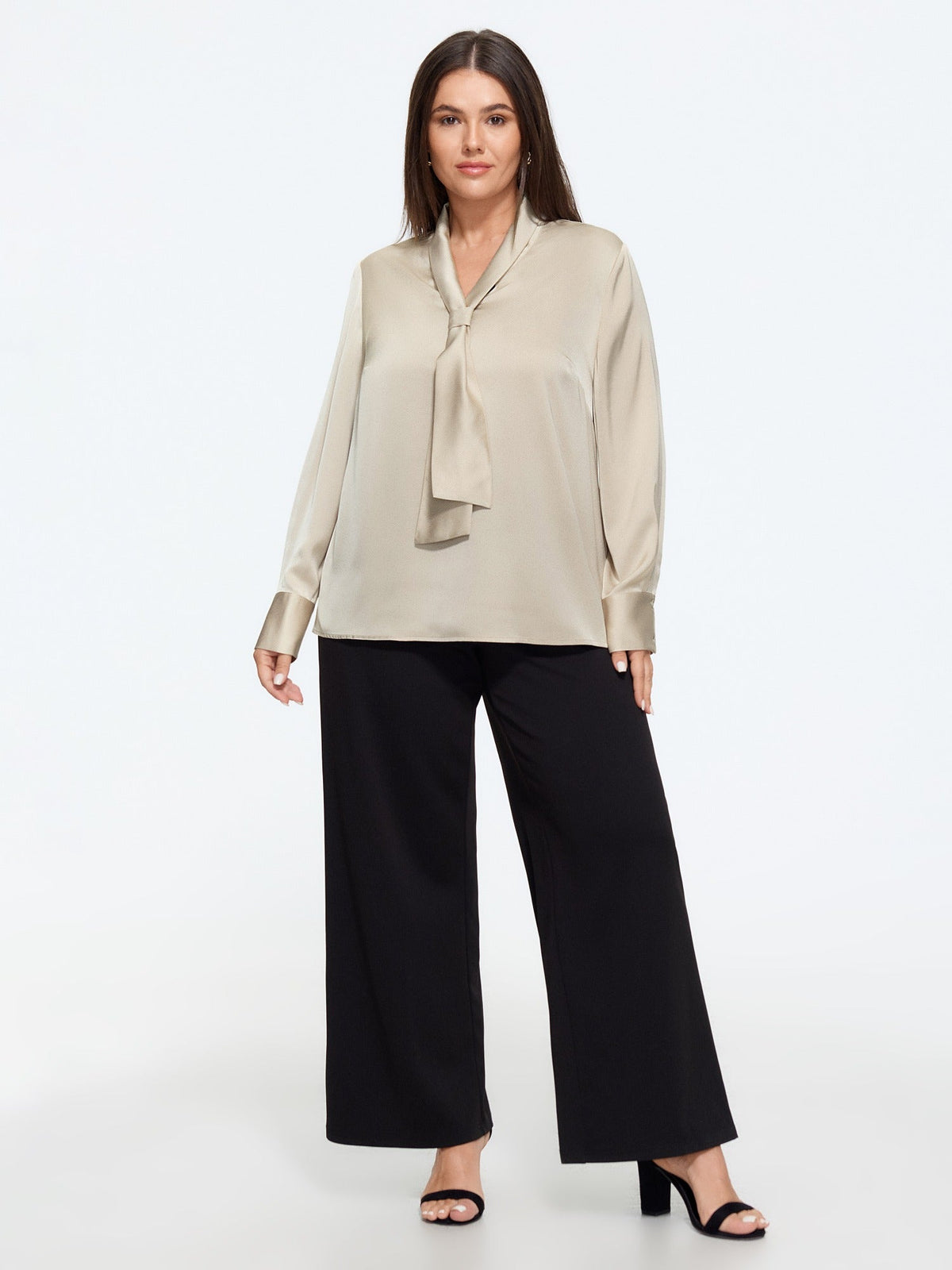 Satin Tie Neck Long Sleeve Blouse