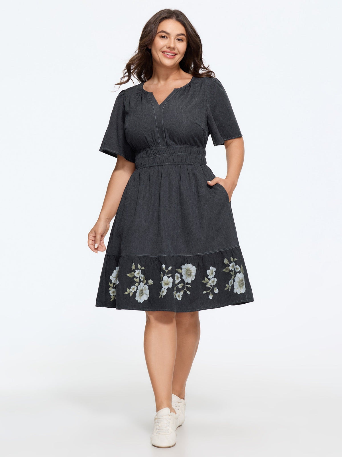 Supersoft Shirred Waist Floral Print Hem Mini Dress