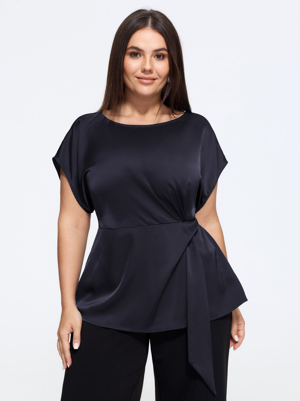 Boat Neck Side Twist Satin Blouse