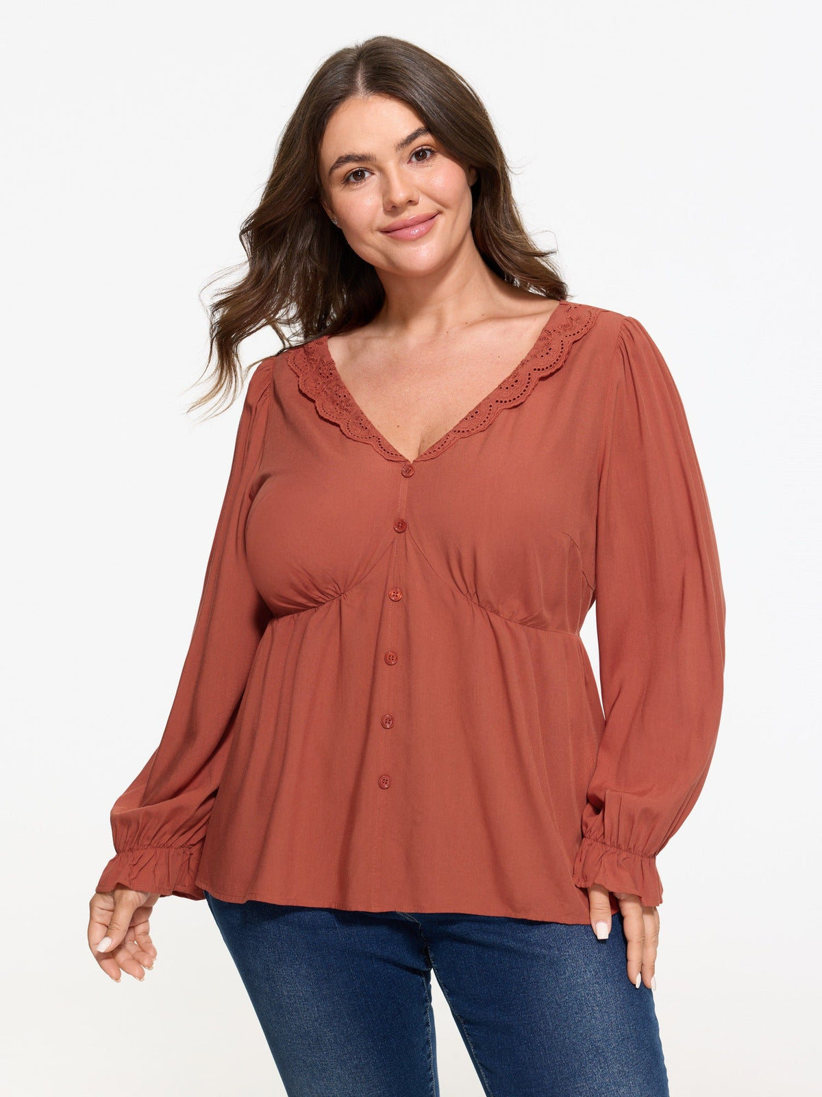Supersoft Lace Trim V‑Neck Peplum Blouse