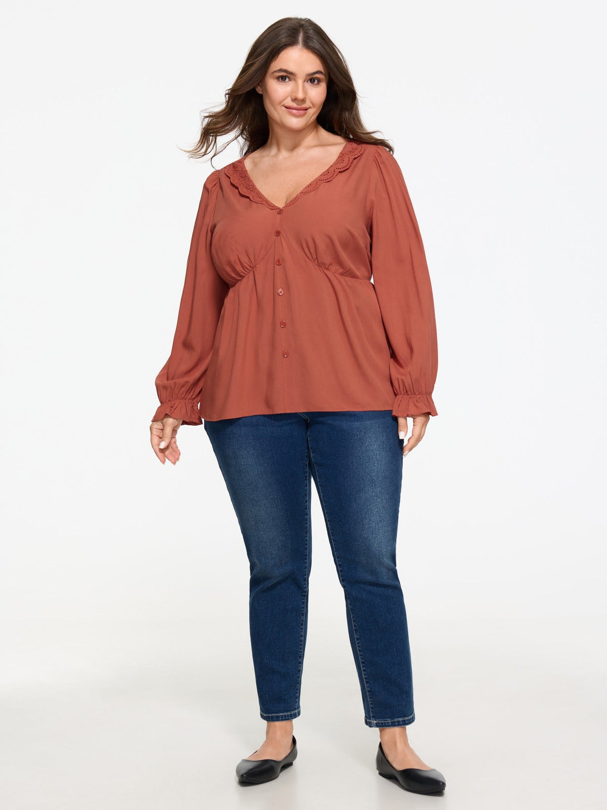 Supersoft Lace Trim V‑Neck Peplum Blouse