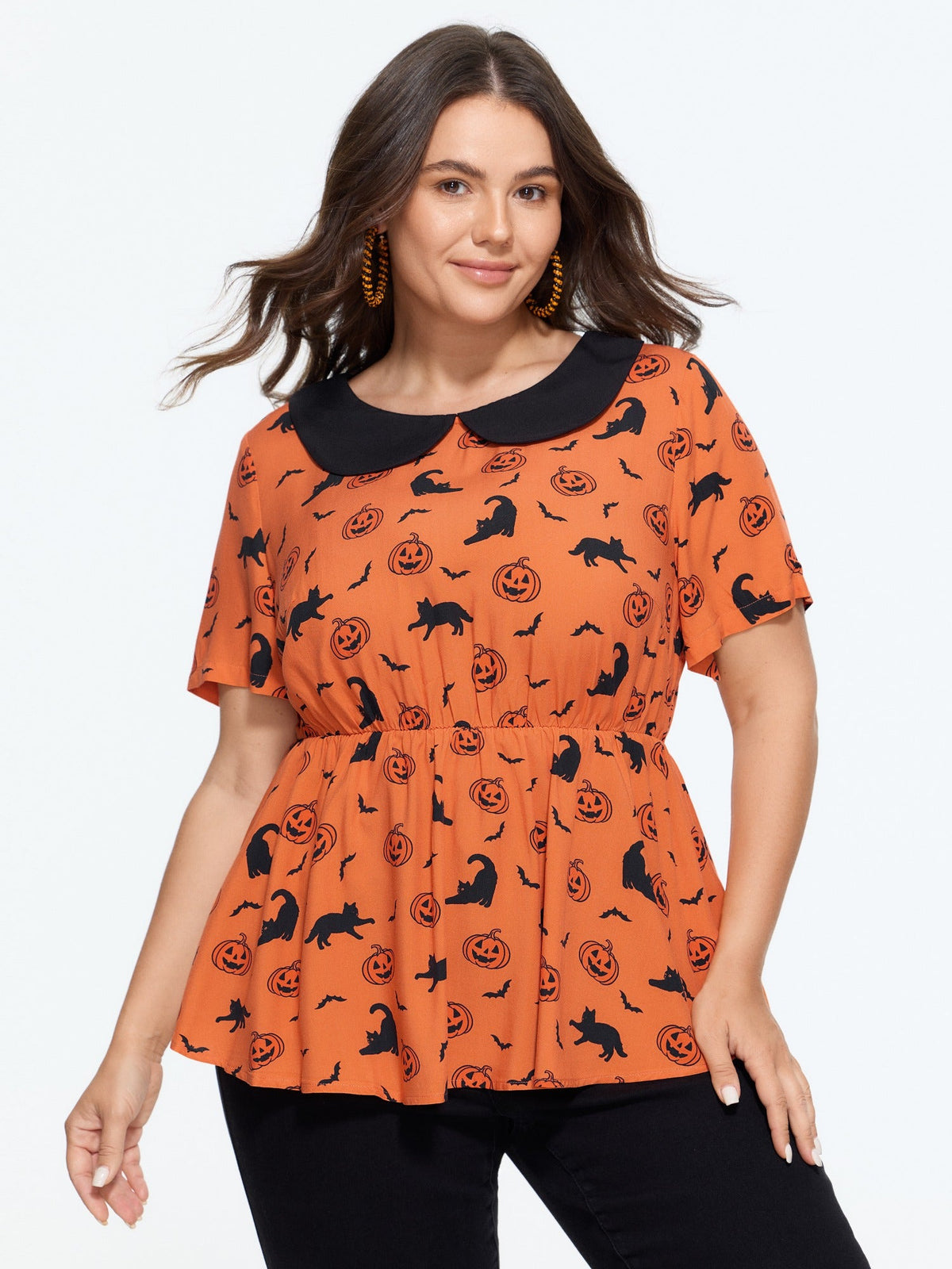 Halloween Pumpkin Bat Cat Print Peplum Blouse