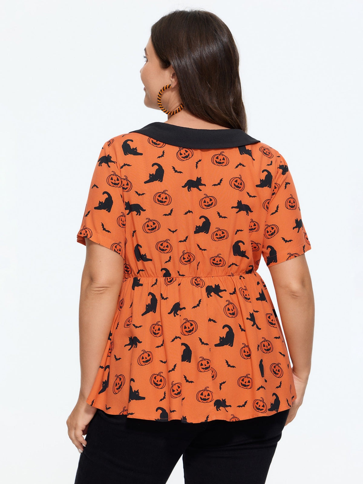 Halloween Pumpkin Bat Cat Print Peplum Blouse