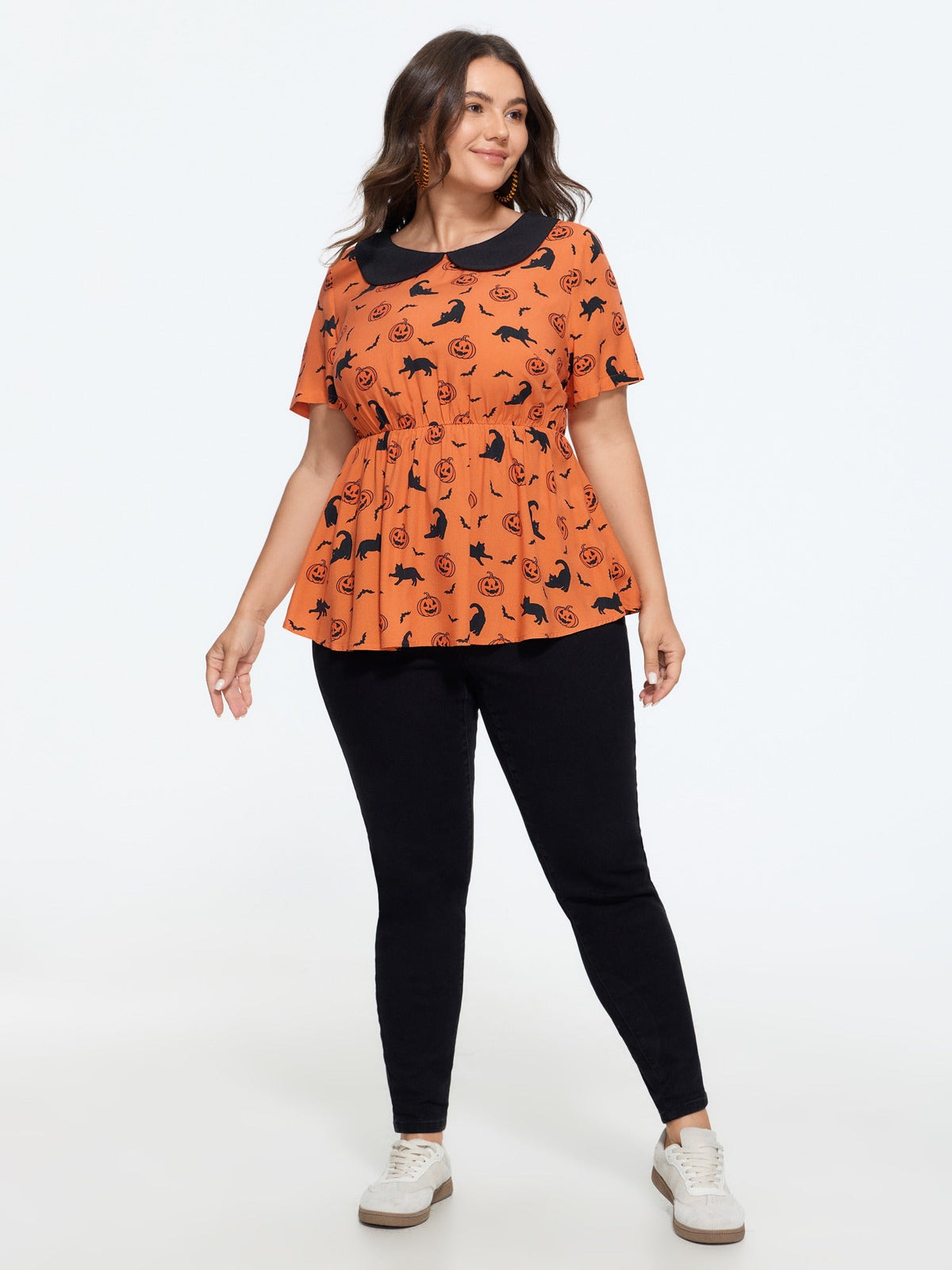 Halloween Pumpkin Bat Cat Print Peplum Blouse