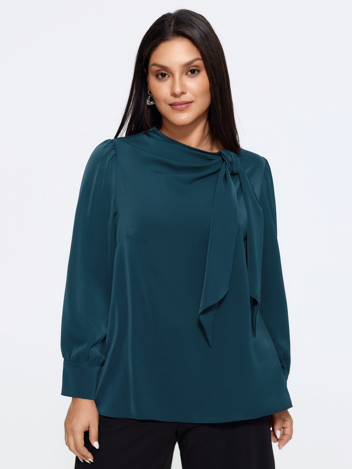 Satin Cowl Neck Tie Bow Long Sleeve Blouse