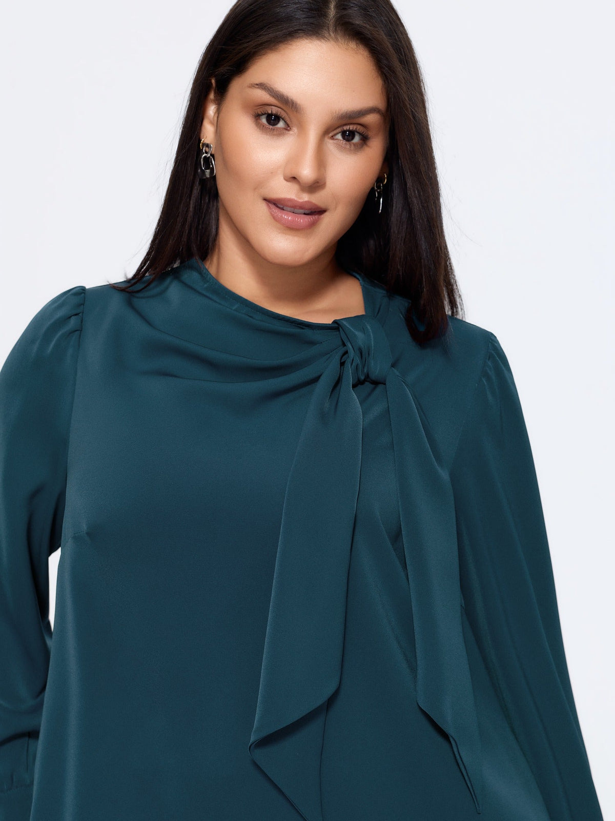 Satin Cowl Neck Tie Bow Long Sleeve Blouse