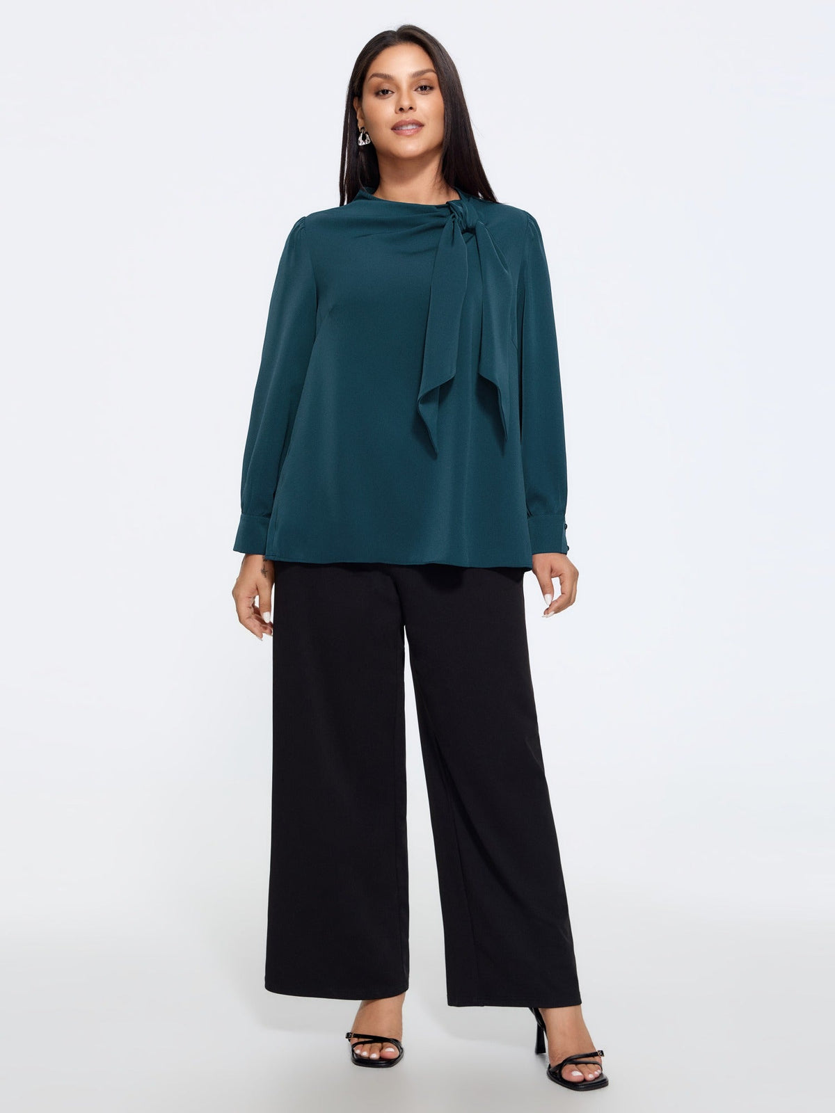Satin Cowl Neck Tie Bow Long Sleeve Blouse