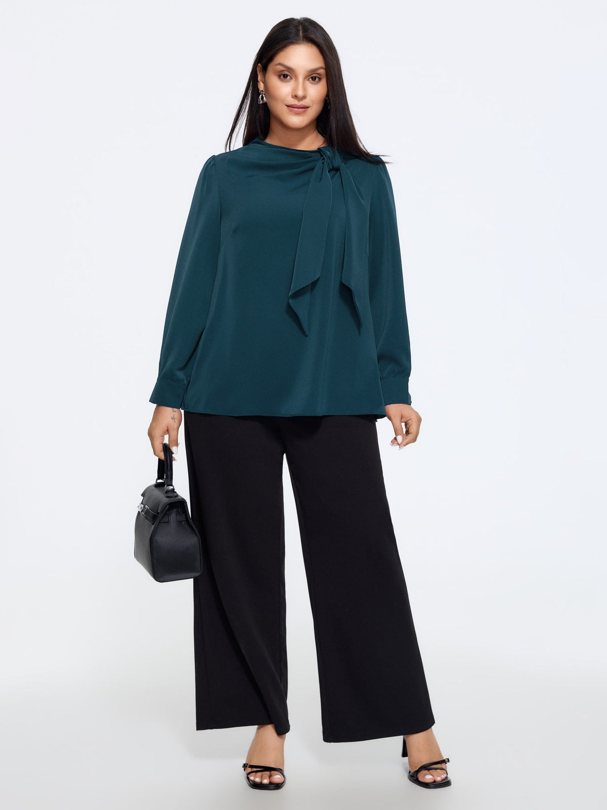 Satin Cowl Neck Tie Bow Long Sleeve Blouse