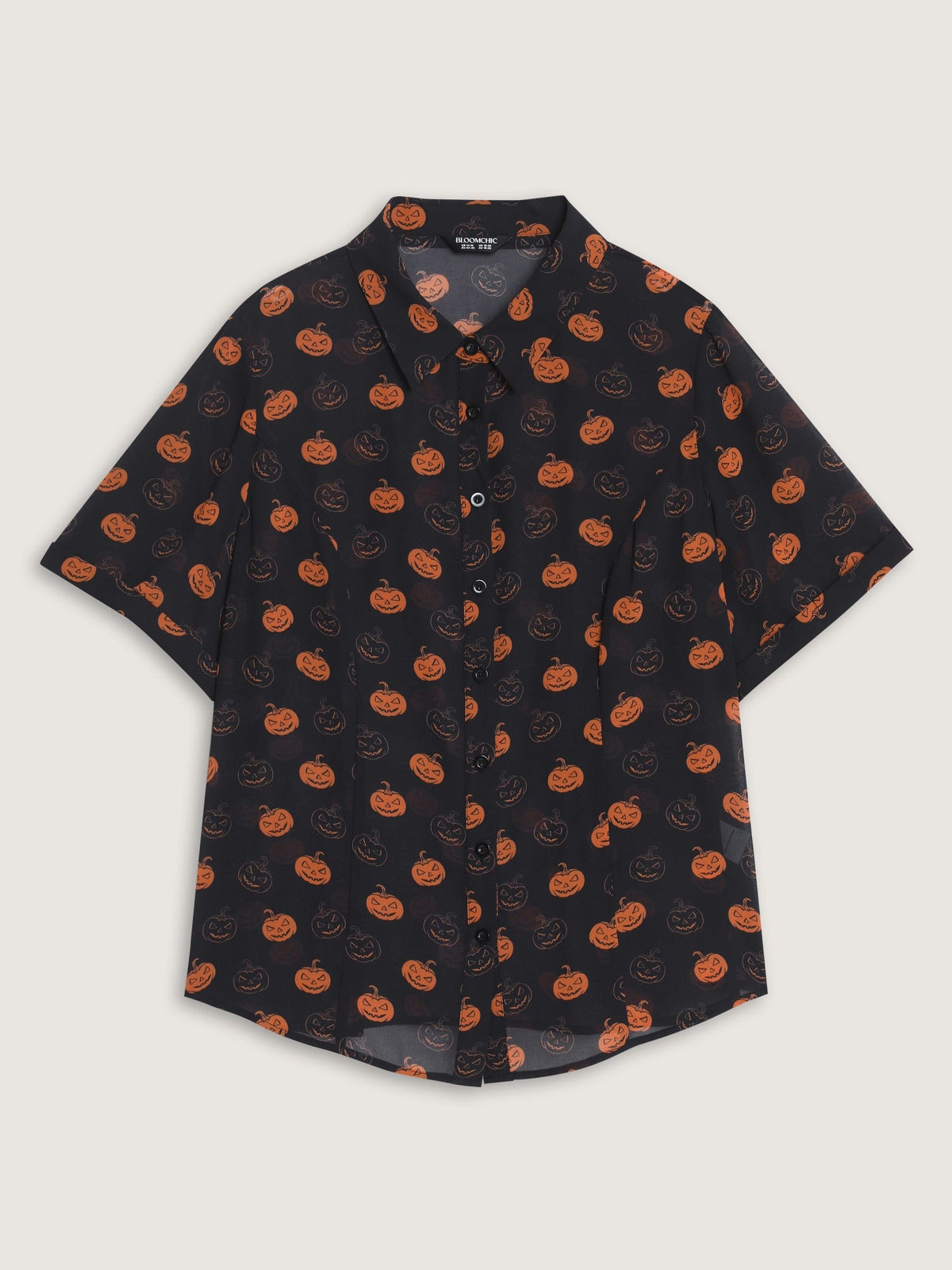Pumpkin Jack‑o‑Lantern Print Button‑Front Blouse