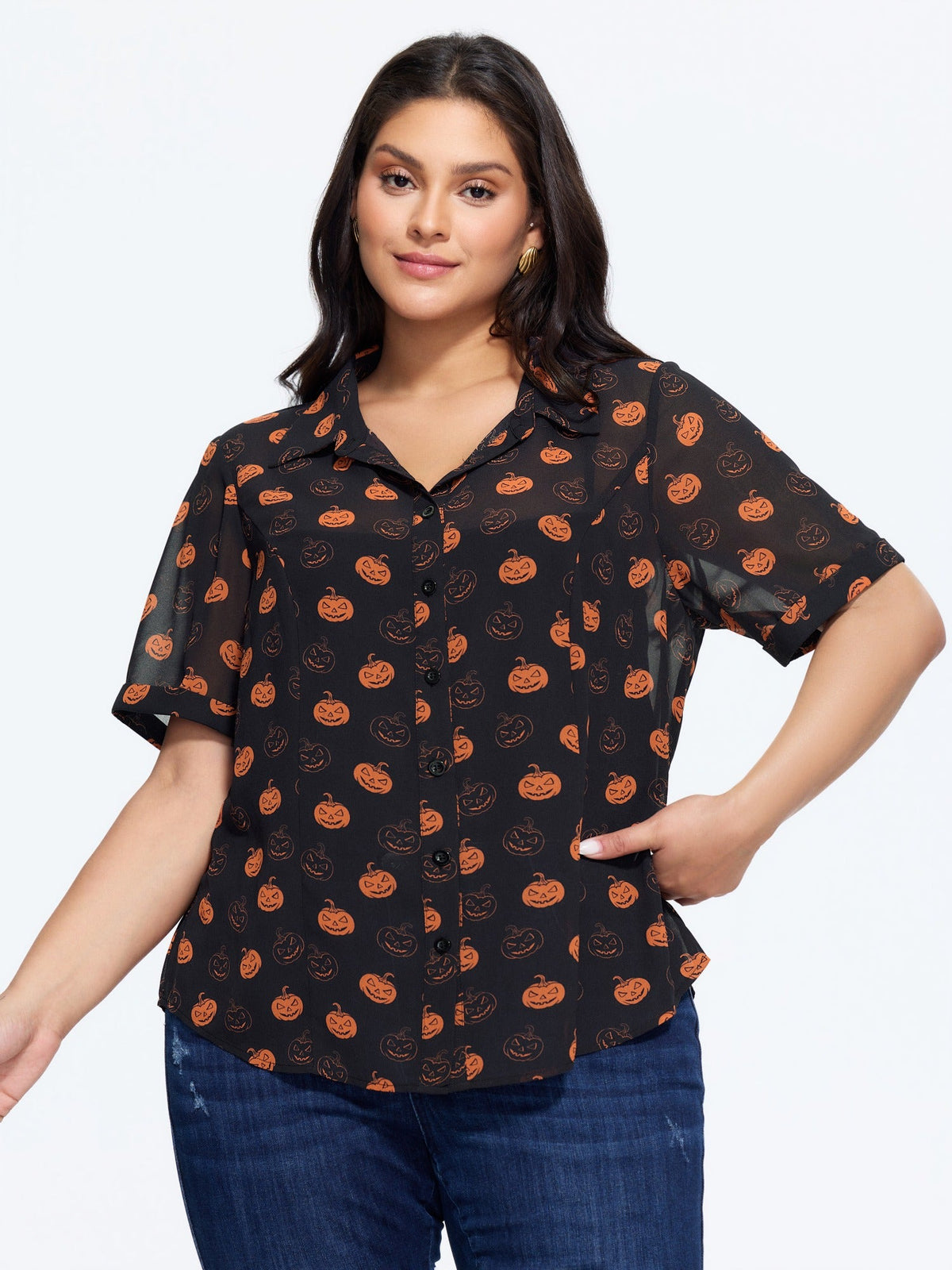 Pumpkin Jack‑o‑Lantern Print Button‑Front Blouse
