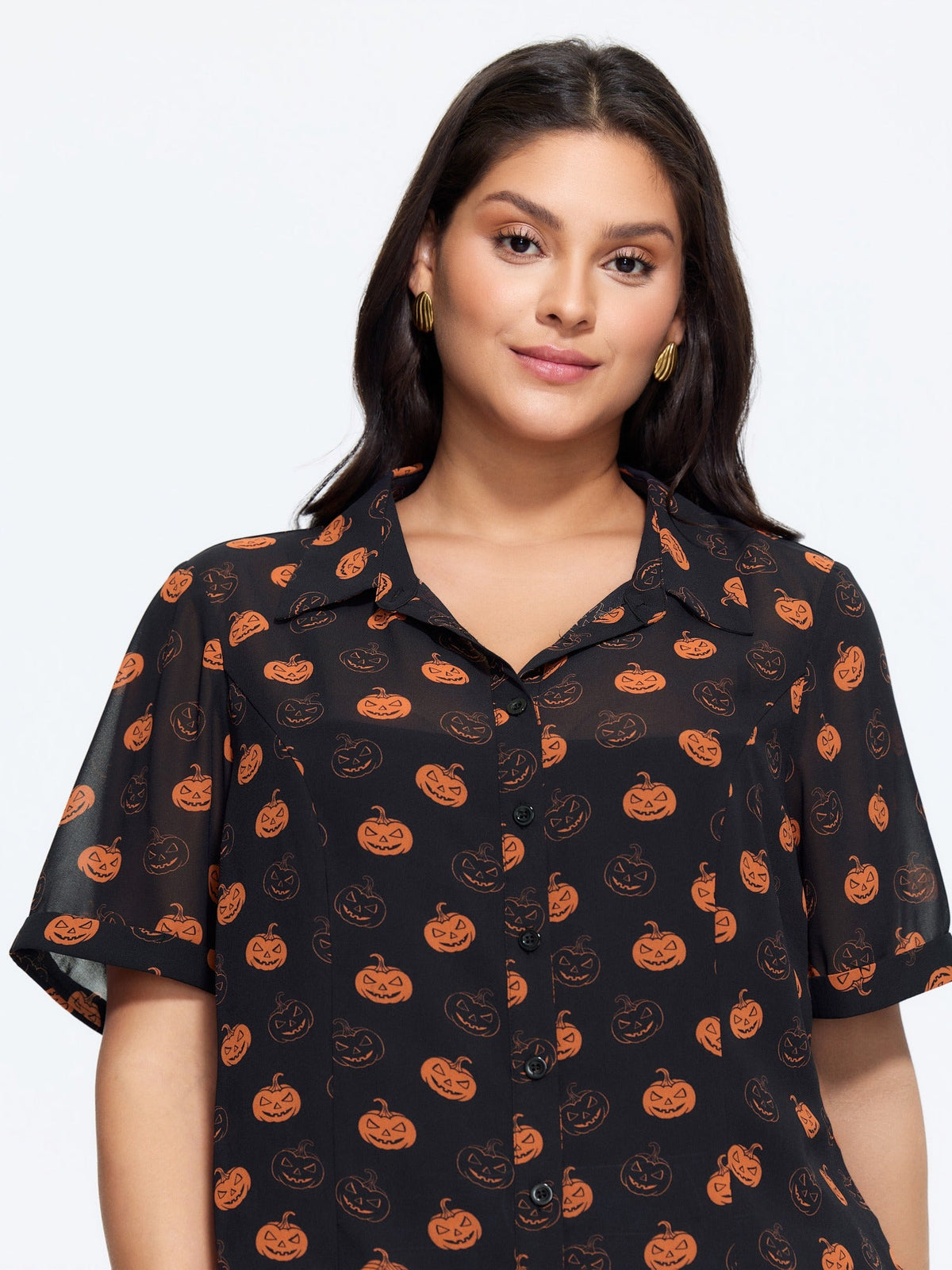 Pumpkin Jack‑o‑Lantern Print Button‑Front Blouse